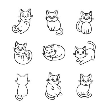 Beyaz Arkaplanda Şirin Çizgi Film Kedi Simgeleri Seti. Vektör