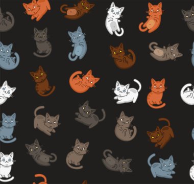 Karanlık Arkaplanda Sevimli Çizgi film Kedisi Kusursuz Şablon. Vektör