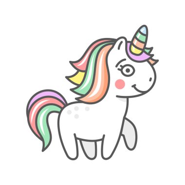 Beyaz Arkaplanda Tatlı Çizgi Roman Tek Boynuzlu At Karakteri Simgesi. Vektör