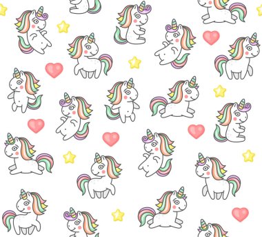 Beyaz Arkaplanda Sevimli Tekboynuzlar ve Kalpsiz Düzen. Vektör