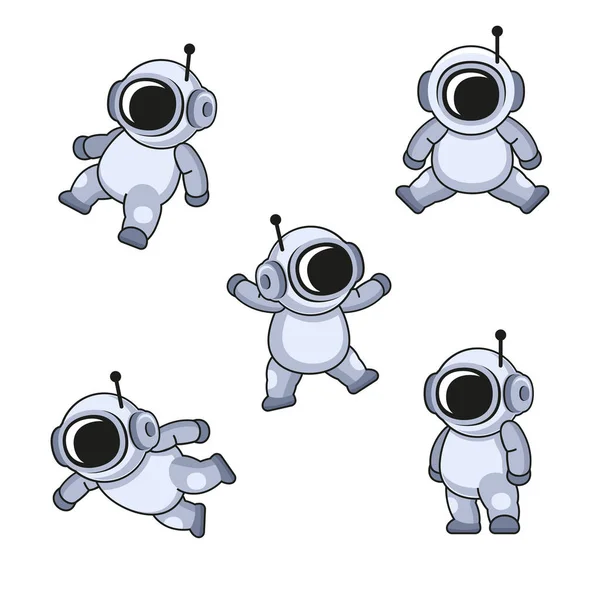Lindo estilo de dibujos animados cosmonauta en conjunto de iconos traje espacial. Vector — Vector de stock
