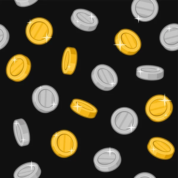 Pièces d'or et d'argent motif sans couture sur fond noir. Vecteur — Image vectorielle