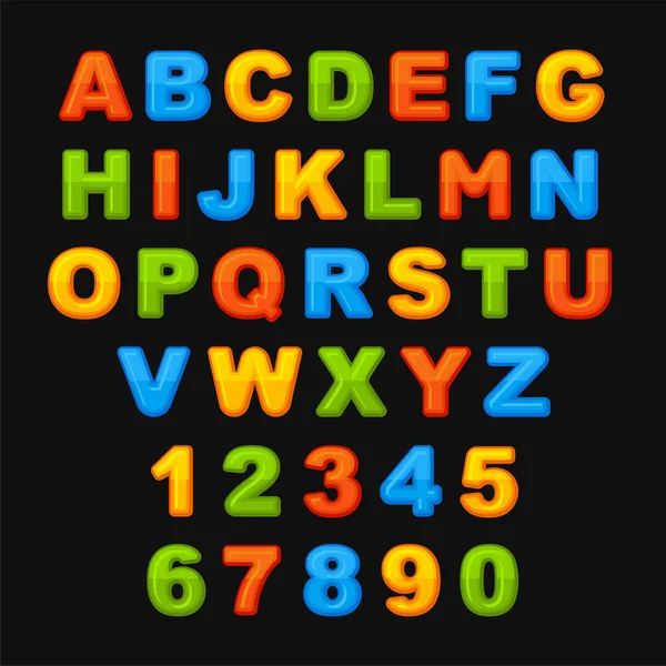 Bunte Niedliche Alphabete ABC-Schrift auf schwarzem Hintergrund. Vektor — Stockvektor