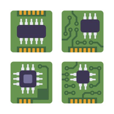 Mikro Çip İşlemci Simgeleri Ayarlandı. İşlemci Elektronik Bileşen. Vektör
