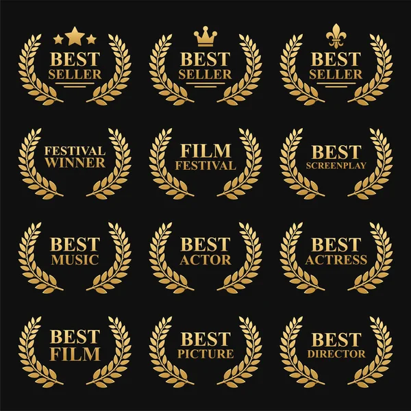 Film Festival Gold Award Set med Laurel Krans på svart. Bästa säljare Vector — Stock vektor