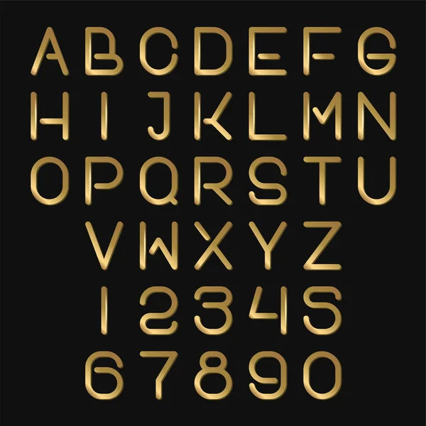 Futuristic Golden Alphabet Font. Thin ABC Letters and Numbers. Vetor — Vetor de Stock