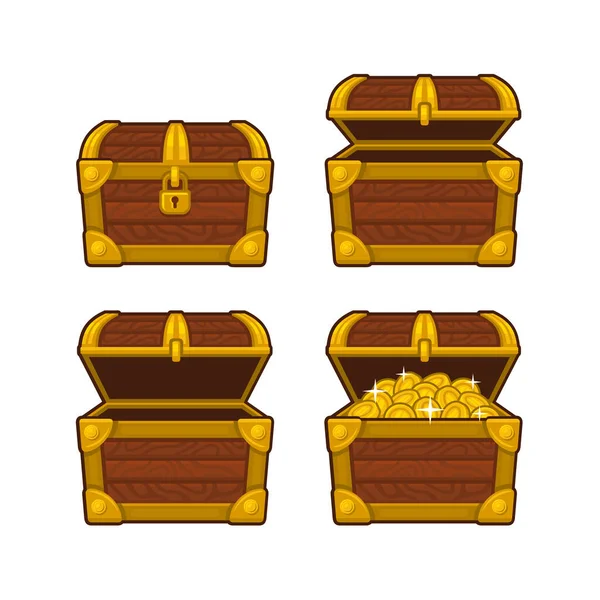 Treasure Box Set. Wooden Chest with Gold Coins. Vector — Stock Vector