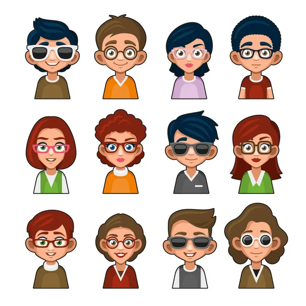 Garota e menino bonito com óculos Avatar. Jovens Desenhos animados Estilo Ícone Userpic —  Vetores de Stock