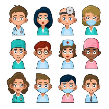 Doktor ve Tıp Hemşiresi Avatar işaret seti. Şirin Userpic Tarzı. Vektör