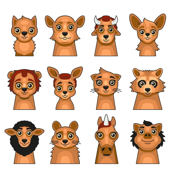 Animals Face Icons Set. Cute Cartoon Style. Vector — Stock Vector