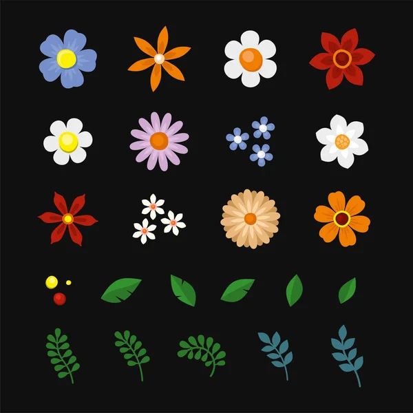 Flores e iconos de la hoja sobre fondo negro. Vector — Archivo Imágenes Vectoriales