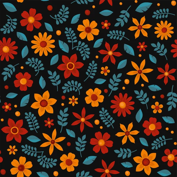 Bloemen naadloos patroon op zwarte achtergrond. Vector — Stockvector