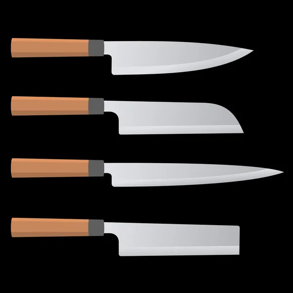 Set of Japan Kitchen Knives with Wooden Handle. Vector — Stock Vector