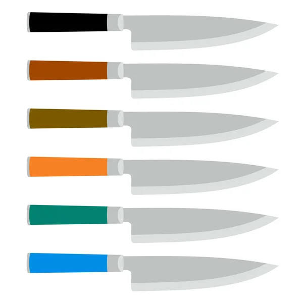Цветной набор стальных кухонных ножей. Вектор — стоковый вектор