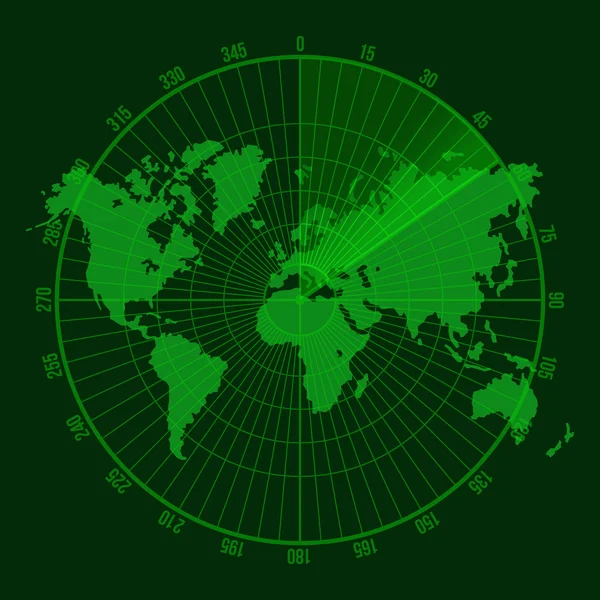 Pantalla Radar Verde con Mapa. Vector — Vector de stock