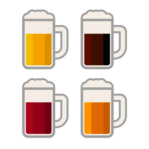 Cuatro vasos con cervezas de diferentes colores sobre fondo blanco. Vector — Vector de stock