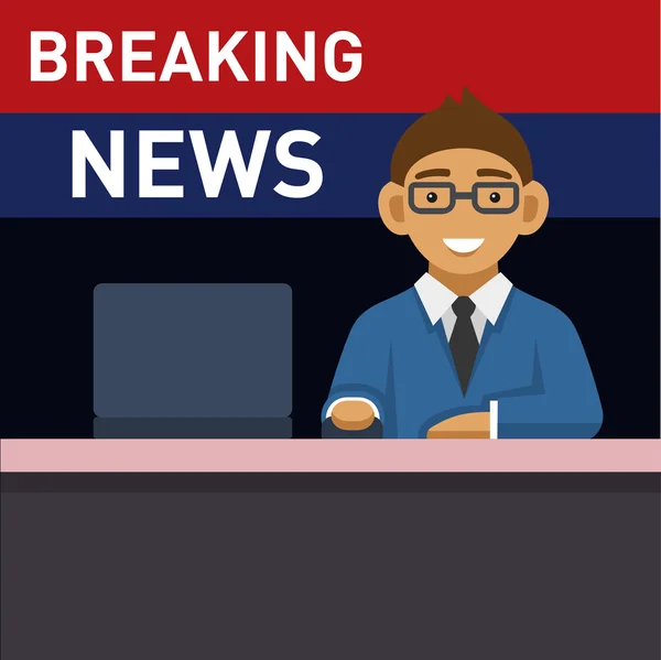 Newscaster with Computer, Breaking News. Vector — Stock Vector