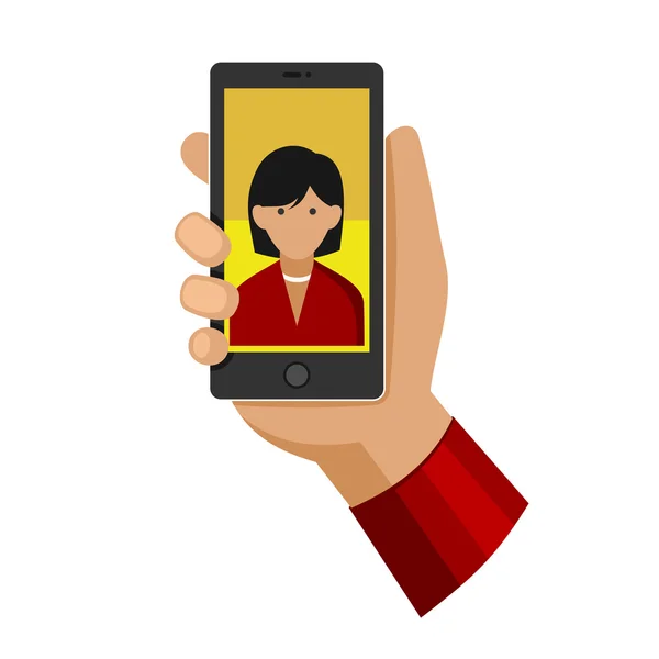Donna che fa foto selfie sul telefono piatto icona. Vettore — Vettoriale Stock