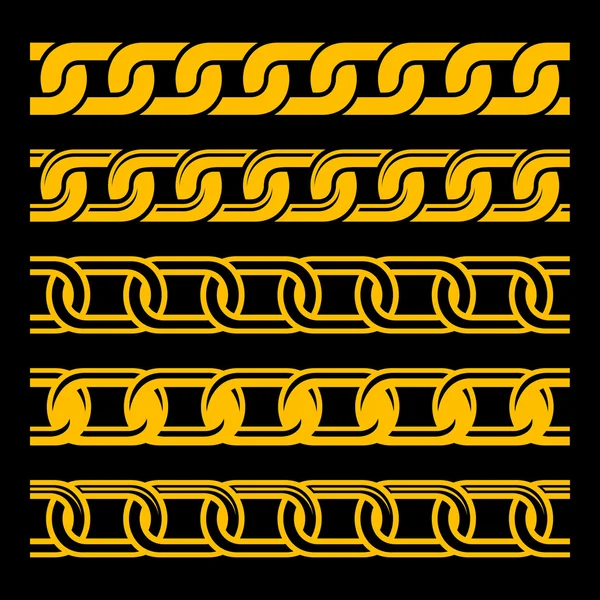 黒の背景に分離されたシームレスなゴールド チェーン テンプレートのセットです。ベクトル — ストックベクタ