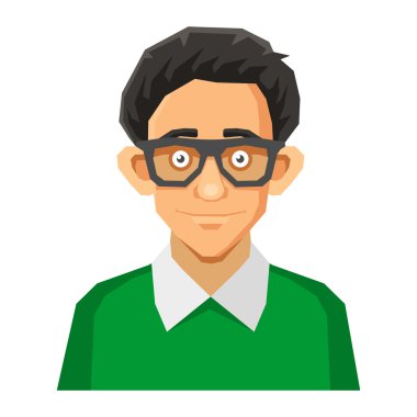 Karikatür tarzı inek ile gözlük ve yeşil kazak portresi. Vektör