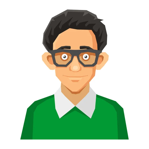 Caricatura estilo retrato de nerd con gafas y jersey verde. Vector — Vector de stock