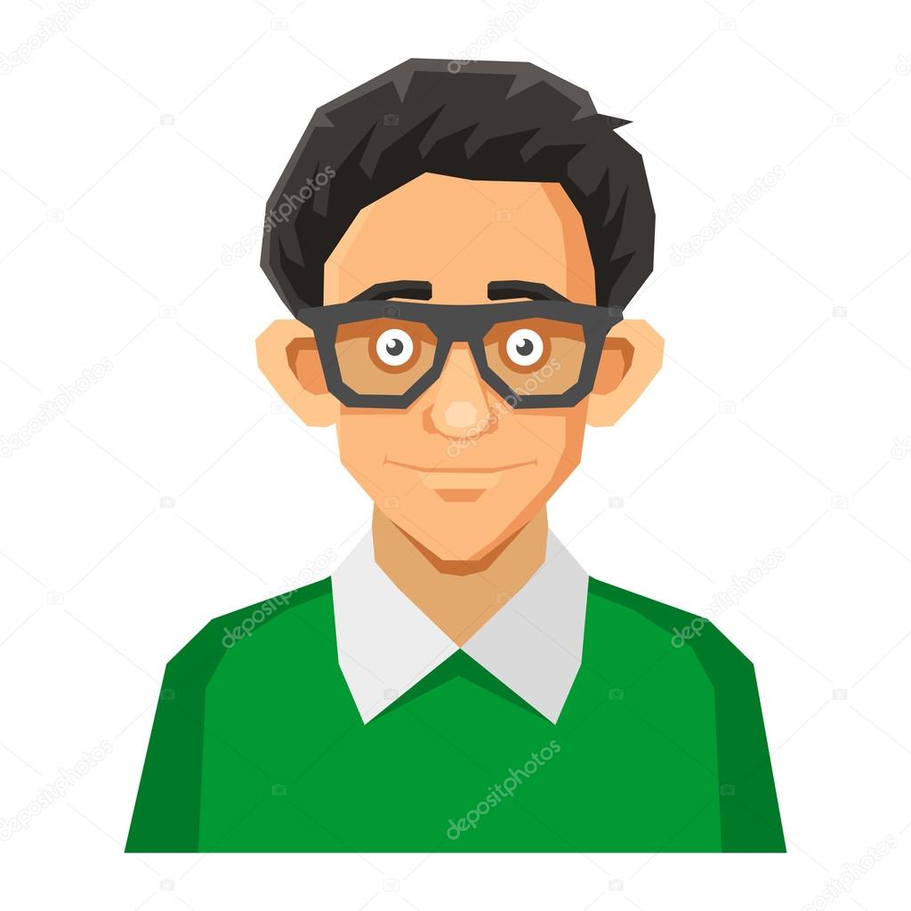 Cartoon Style Portrait of Nerd with Glasses and Green Pullover. Vector