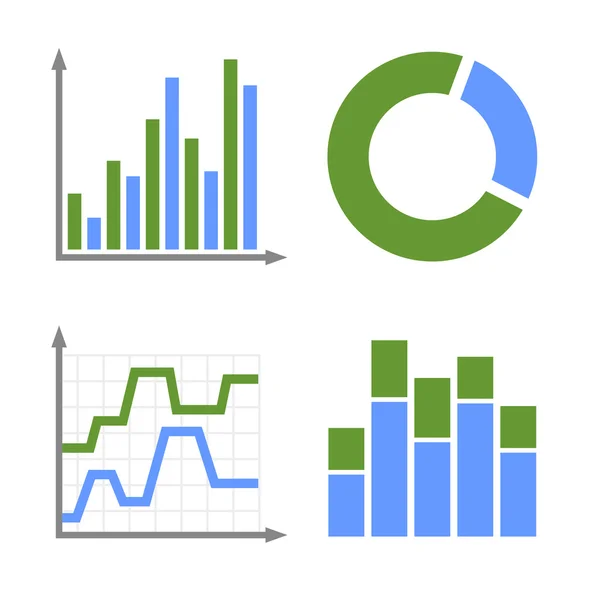 Blaue und grüne Icons für Geschäftsdiagramme gesetzt. Vektor — Stockvektor