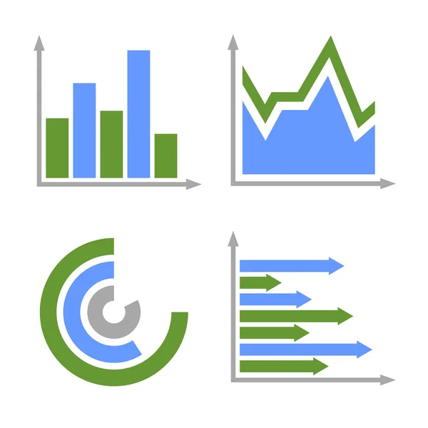 Blaue und grüne Icons für Geschäftsdiagramme gesetzt. Vektor — Stockvektor