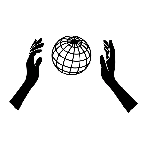 Globo icono con las manos en el fondo blanco. Vector — Archivo Imágenes Vectoriales