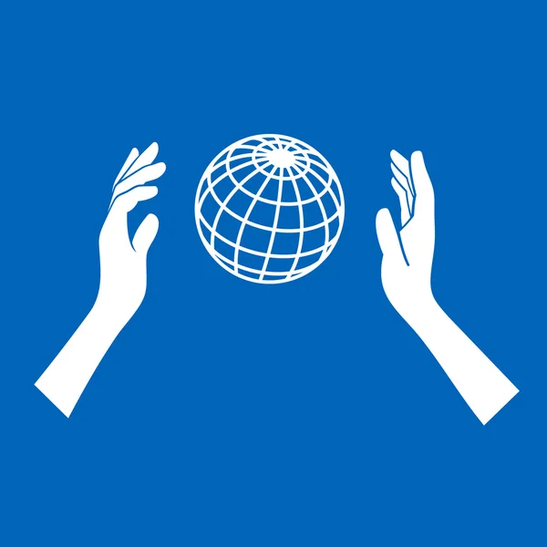 Ícone do globo com as mãos no fundo azul. Vetor —  Vetores de Stock