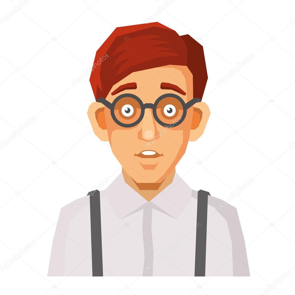 Cartoon Style Portrait of Nerd with Glasses and Green Pullover. Vector