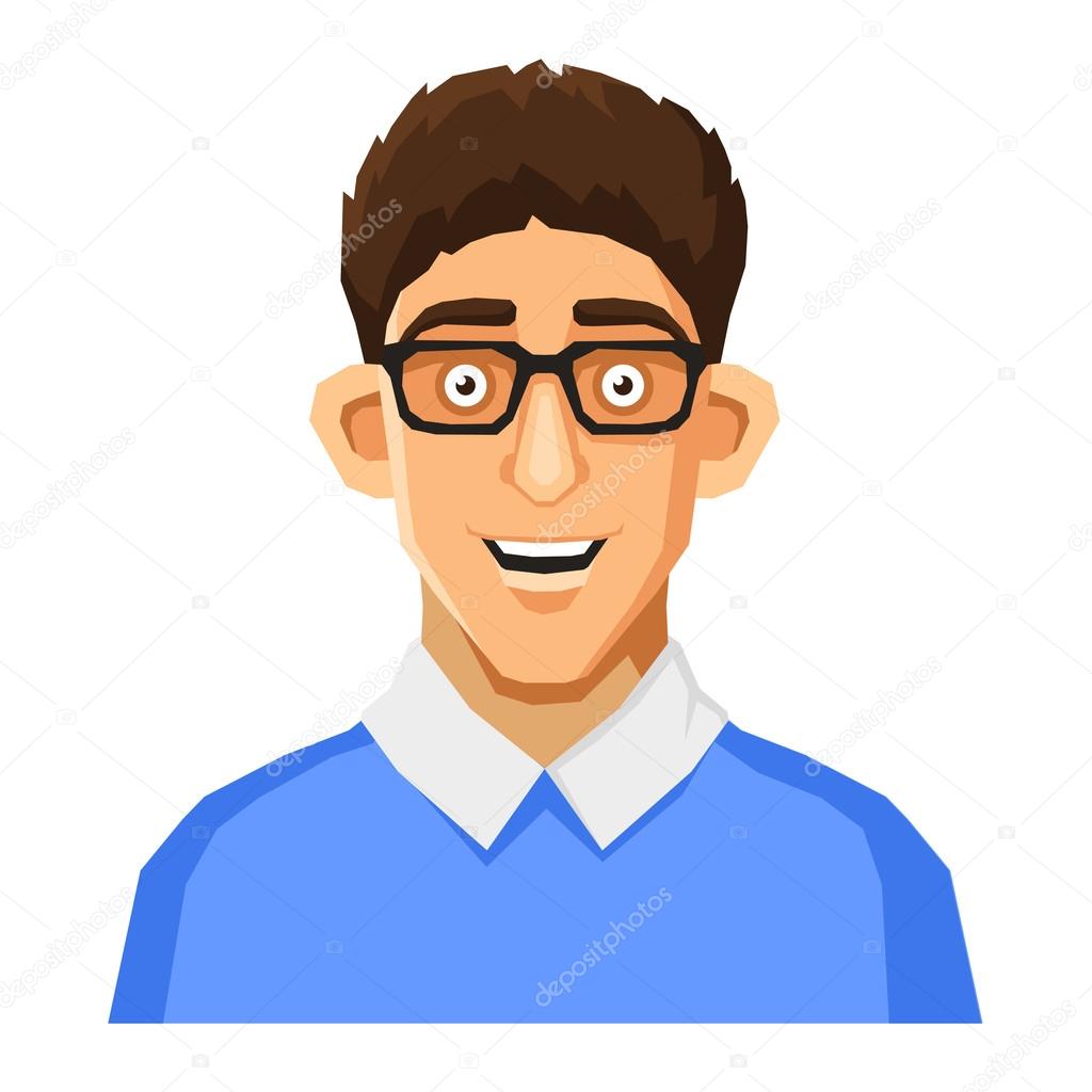 Cartoon Style Portrait of Nerd with Glasses and Blue Pullover. Vector