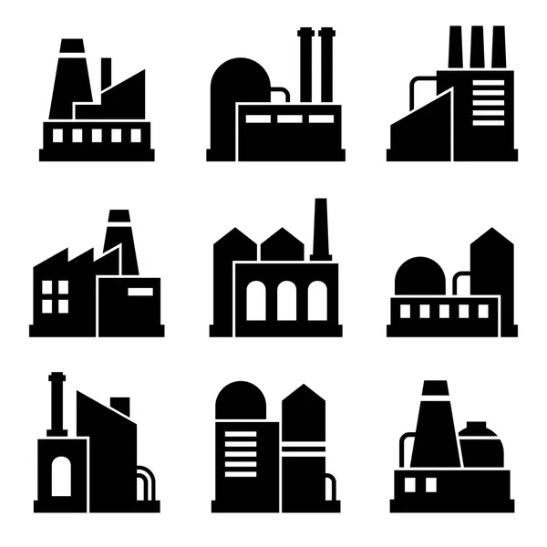 Factory and Power Industrial Building Icon Set. Vector — Stock Vector