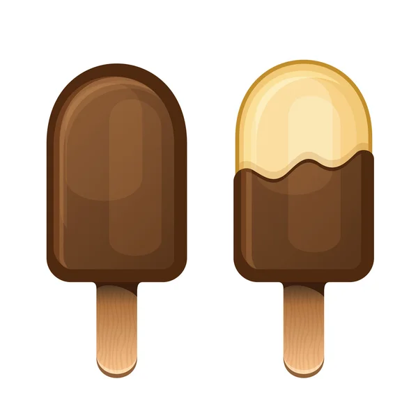 Conjunto de postres de helado de chocolate en palo de madera.Vector — Archivo Imágenes Vectoriales