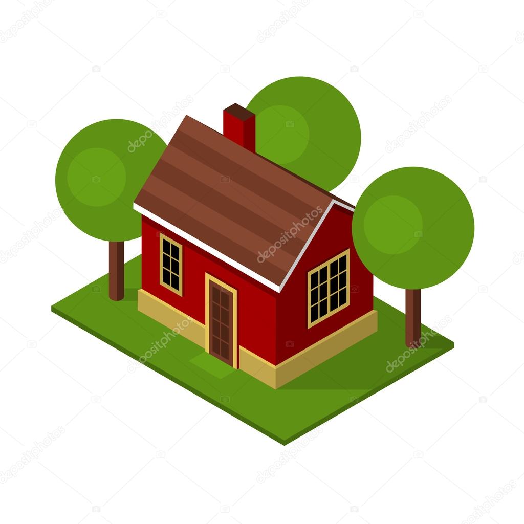 Isolated Isometric House Buildings with Garden and Trees. Vector