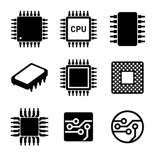 Microprocesseur CPU et Chips Icônes Set. Vecteur — Image vectorielle