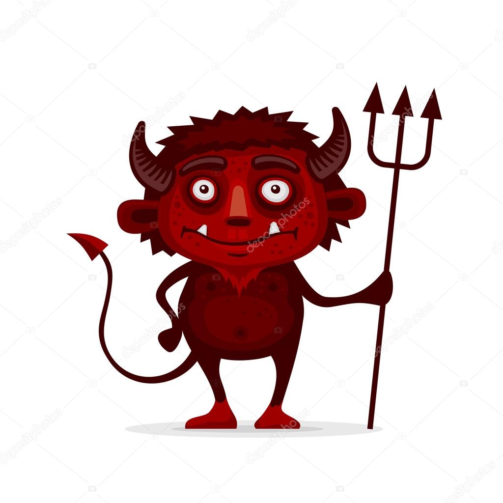 Red Halloween Devil with Trident in Cartoon Style. Vector