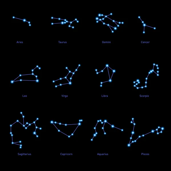 Conjunto de constelações do zodíaco. Espaço e Estrelas. Vetor — Vetor de Stock