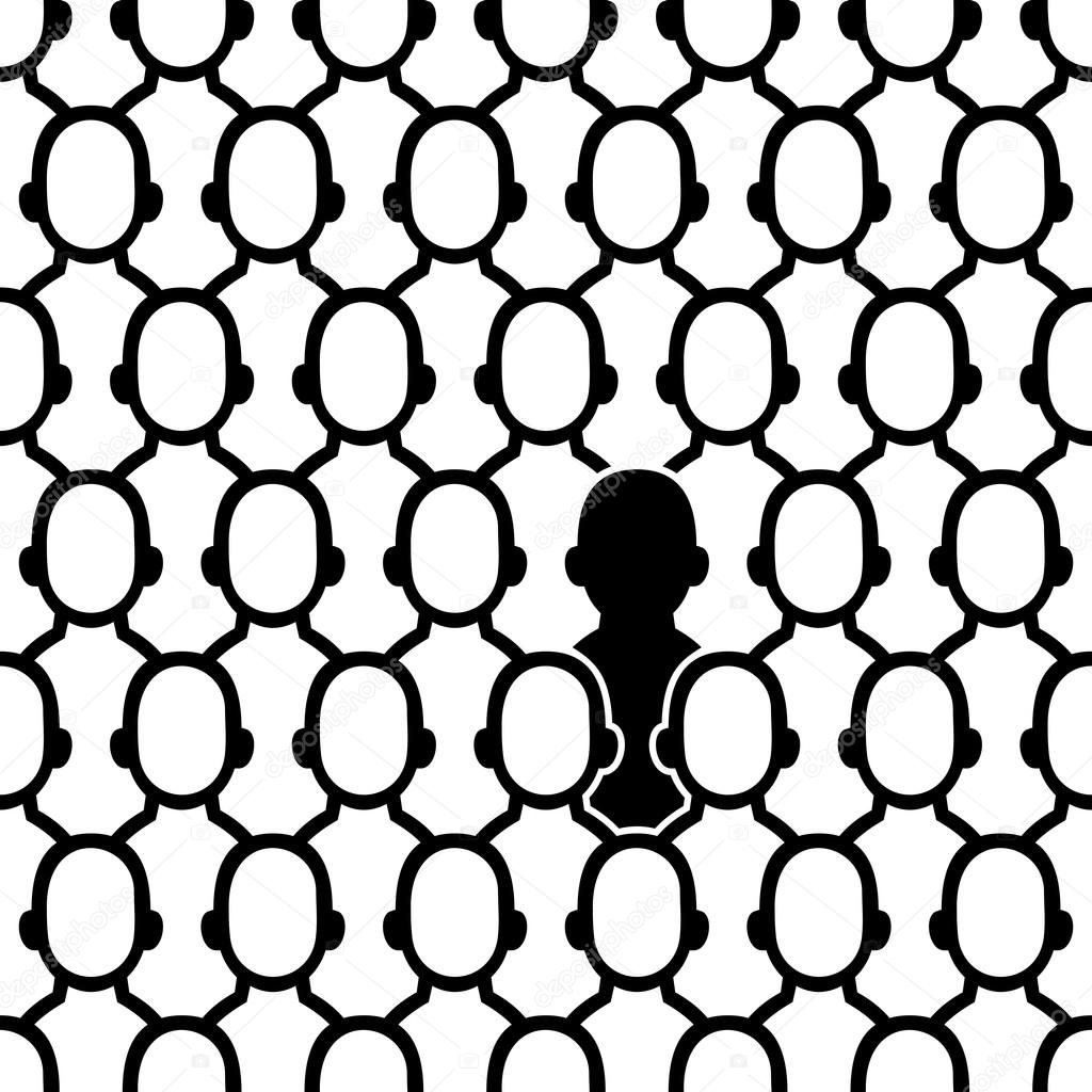 Seamless White People Faces Background with One Black Silhouette. Vector