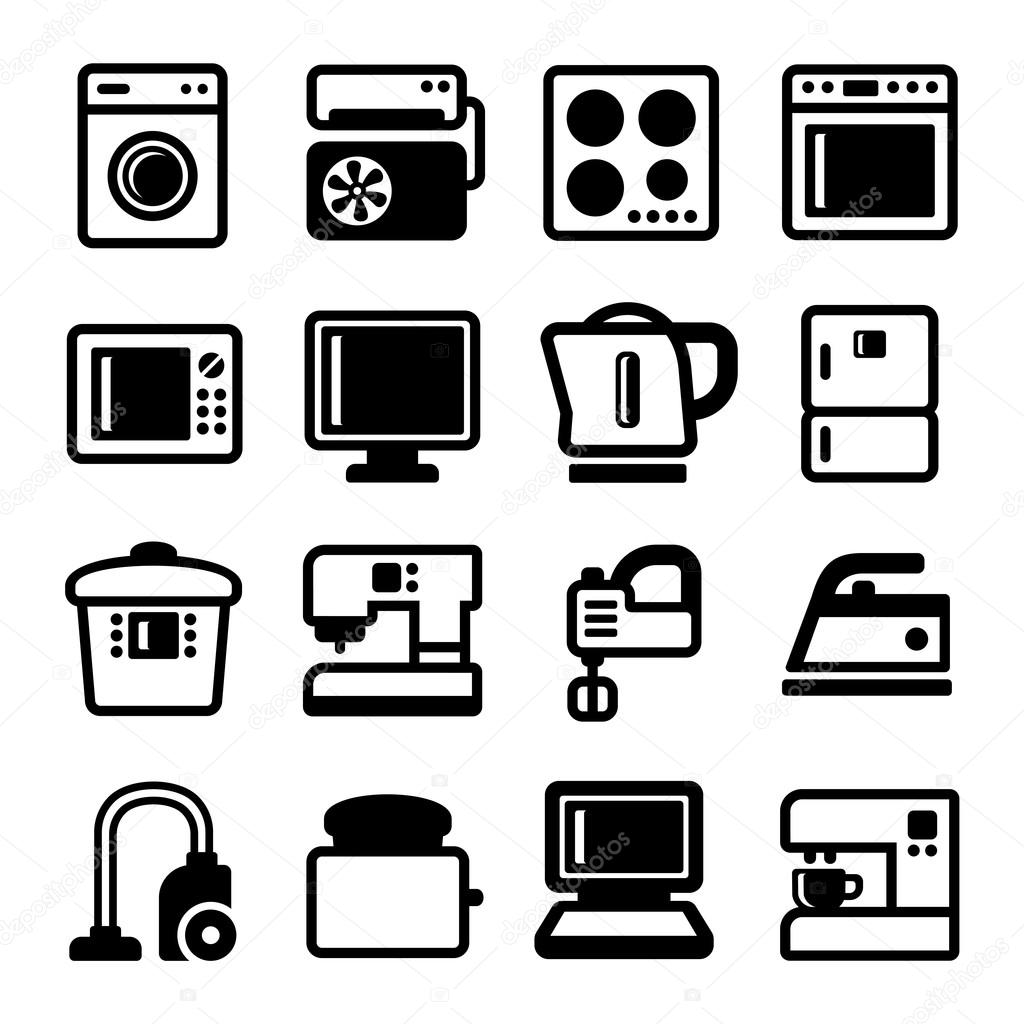 Household Appliances Icons Set on White Background. Vector