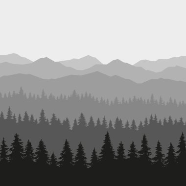 Coniferous Forest and Mountains Background. Vector clipart