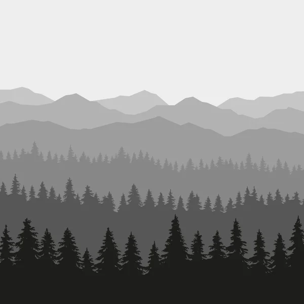 Bosque de coníferas y montañas de fondo. Vector — Archivo Imágenes Vectoriales