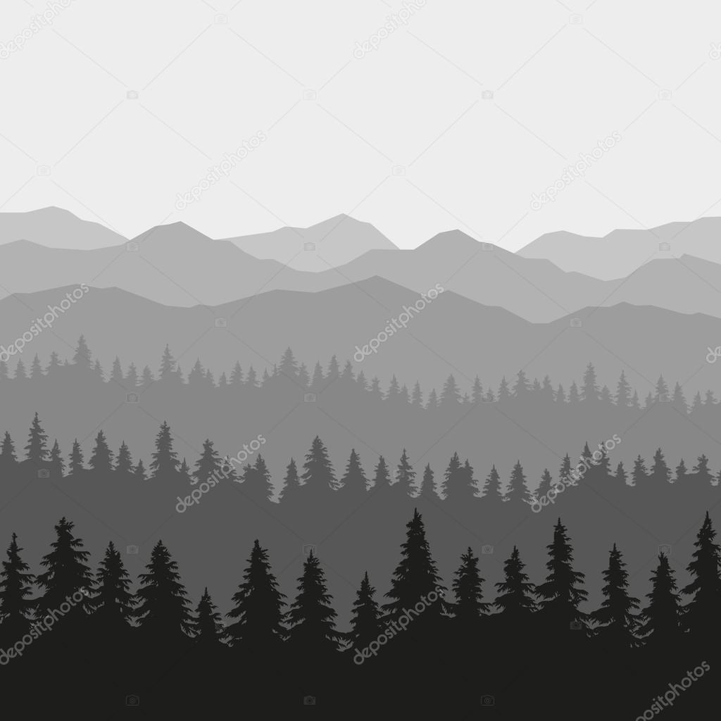 Coniferous Forest and Mountains Background. Vector