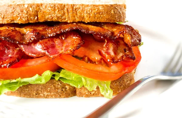 Šťavnaté slaniny salát a rajče sendvič — Stock fotografie