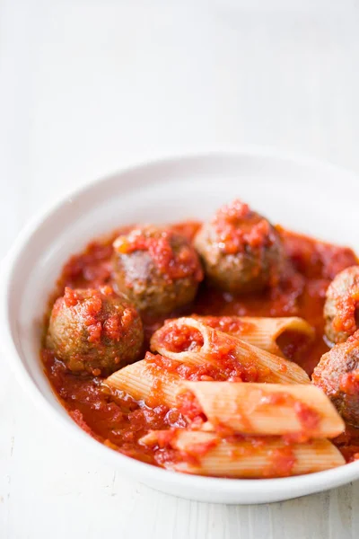 Closeup Italian American Meatball Pasta Tomato Sauce — Stock fotografie