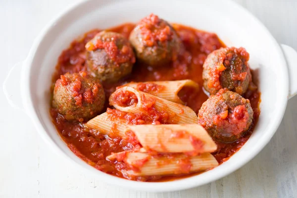 Closeup Italian American Meatball Pasta Tomato Sauce — Stockfoto