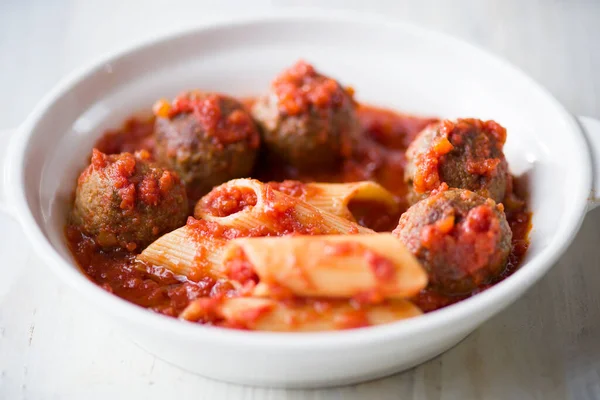 Closeup Italian American Meatball Pasta Tomato Sauce — Stok fotoğraf