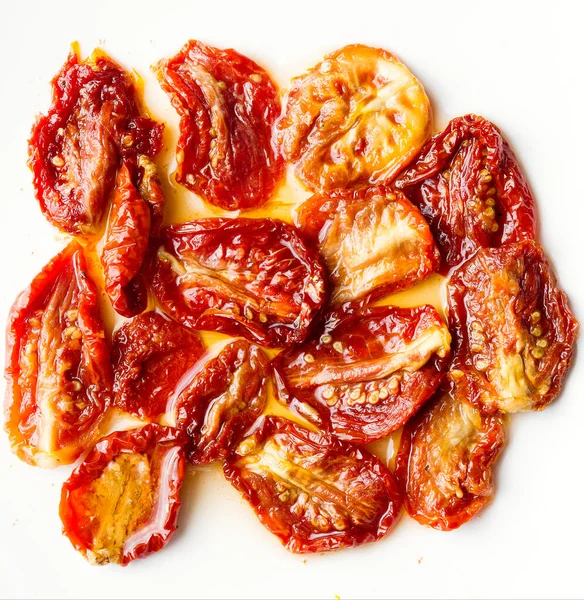 Gros Plan Tomates Rouges Séchées Soleil Italiennes Dans Huile Olive — Photo