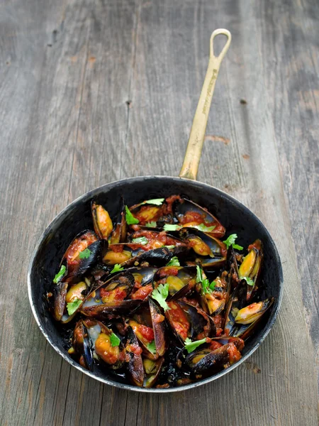 Cozze nere rustiche in salsa di pomodoro — Foto Stock