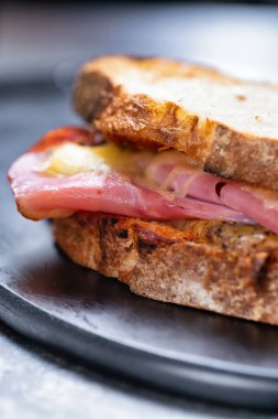 Köy usulü Amerikan jambonlu ve peynirli sandviçi yakın plan.